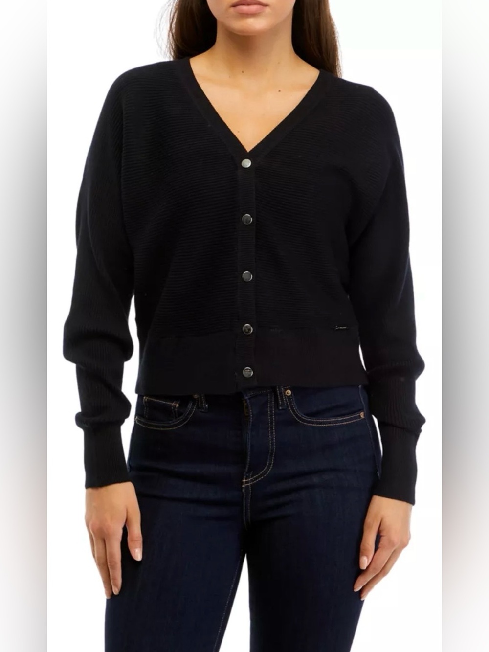 Tahari Black Knit Cropped Cardigan Size S Button Front